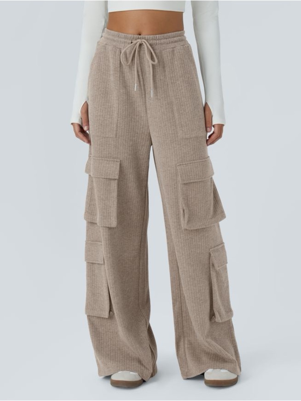 Halara Ribbed Mid Rise Drawstring Pockets Wide Leg Cargo Casual Pants Size Small